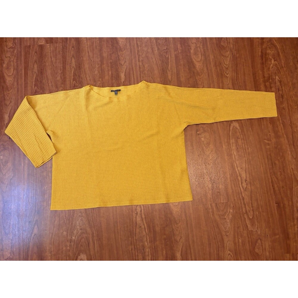 Eileen Fisher Women's XL Ribbed Stripe Wool Top Mustard Boat Neck Sweater